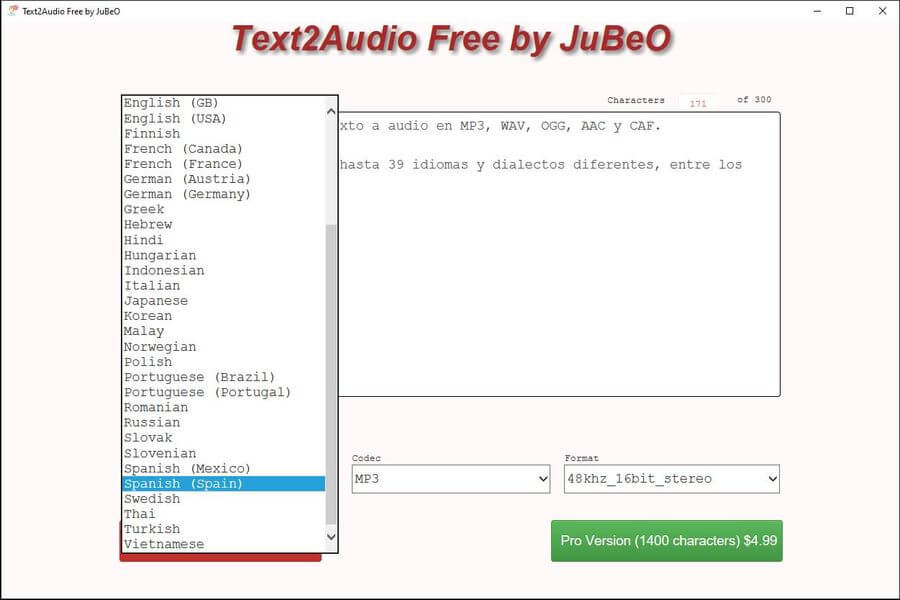 Text2Audio Free by JuBeO: convertir texto a MP3, WAV, OGG y más