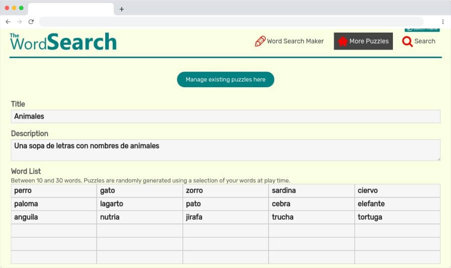 Crear gratis sopas de letras con la utilidad web Word Search Maker