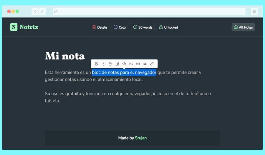Notrix: bloc de notas gratuito en tu navegador con almacenamiento local