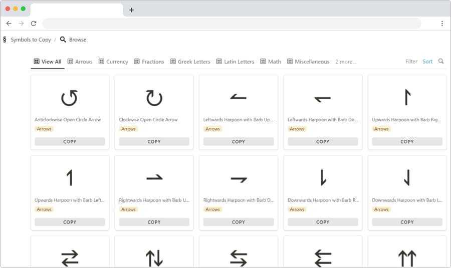 Symbols to Copy: página con todo tipo de símbolos para copiar y pegar