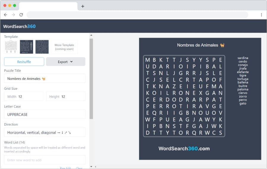 WordSearch360: página gratuita para crear sopas de letras online