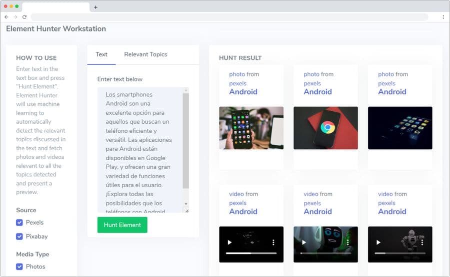 Buscador automático de fotos y vídeos para contenidos - Element Hunter