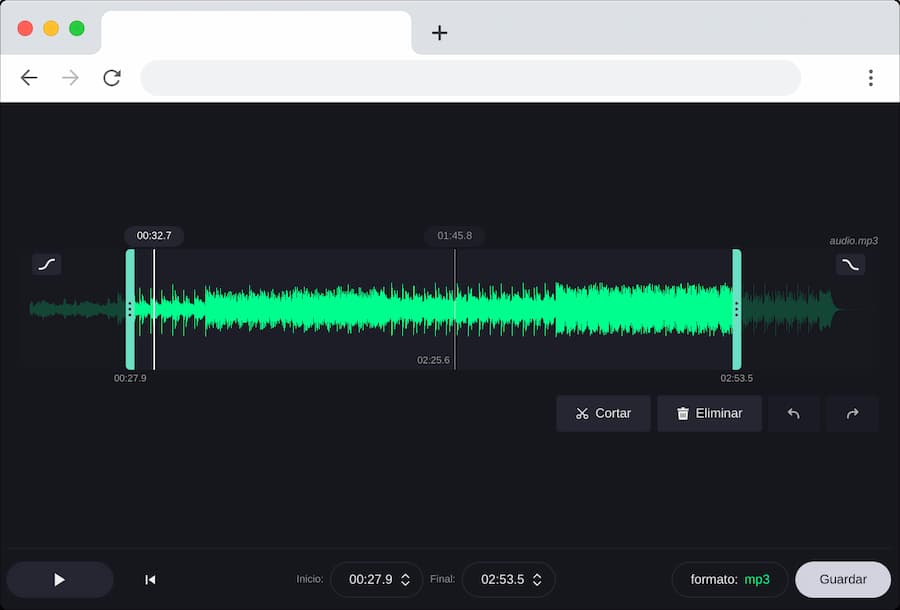 grande T pestaña Cortar archivos de audio online y gratis con una herramienta web