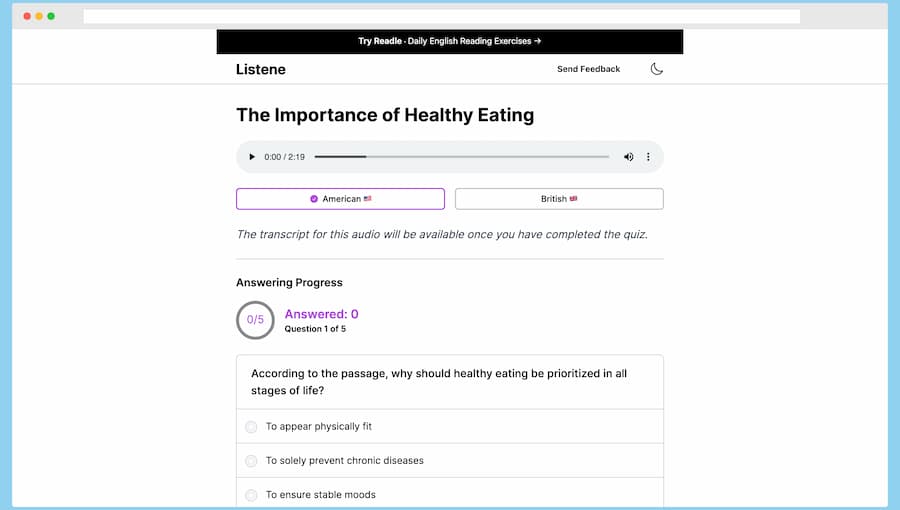 Listene: daily listening exercises in English generated by AI