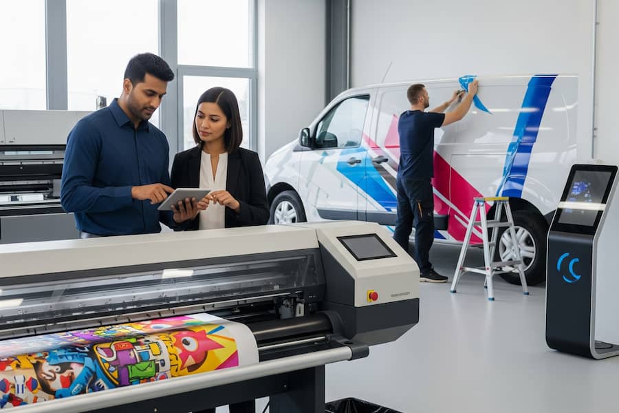 Agencia de marketing con una imprenta
